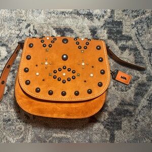 NWOT Authentic Coach Designer Suede Leather Brown Studded Saddle Crossbody Bag